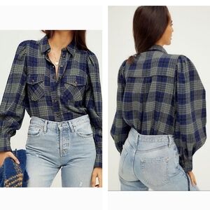 We The Free button down flannel shirt ballon sleeves blue green plaid medium
